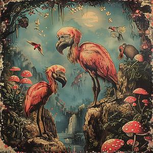 flamingos  forest  mushrooms  chromolithography  nature  art  illustration  colorful  wildlife  scene 1050566