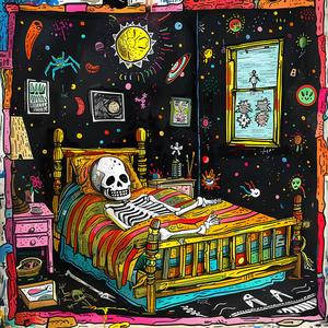skeleton  bed  colorful  decoration  painting  deathmetal  surreal  whimsical  vibrant  Basquiat 1077275