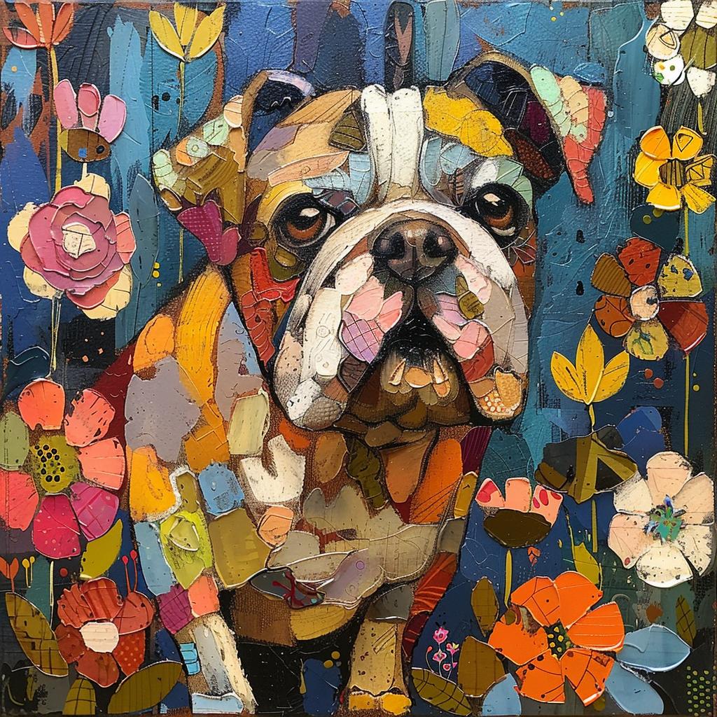 bulldog  flowers  vibrant  textured  whimsical  countryside  faith-inspired  lush  composition  art 938636
