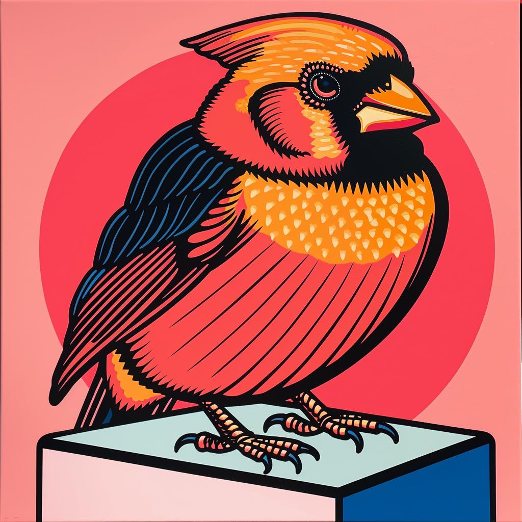 chubby  cardinal  painting  bird  red  background  nature  vibrant  artwork  block 1023543
