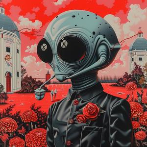 alien  Slipknot  mask  mocking  painting  red  background  colorful  expression  whimsical 1037907