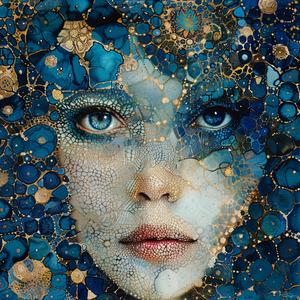 woman  blueEyes  goldStars  ArtNouveau  Surrealism  pointillism  gold  indigo  teal  mystical 1077203
