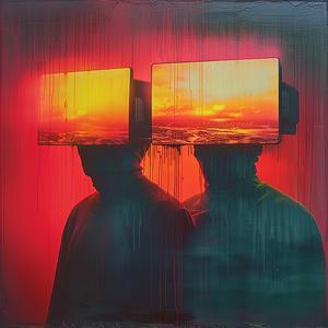 chromolithography  glitch  virtual  reality  headsets  red  background  futuristic  modern  two figures 1041077