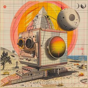 retrofuturism  illustration  space  sun  moon  high-detail  vector  isolated  design  colorful 1037193