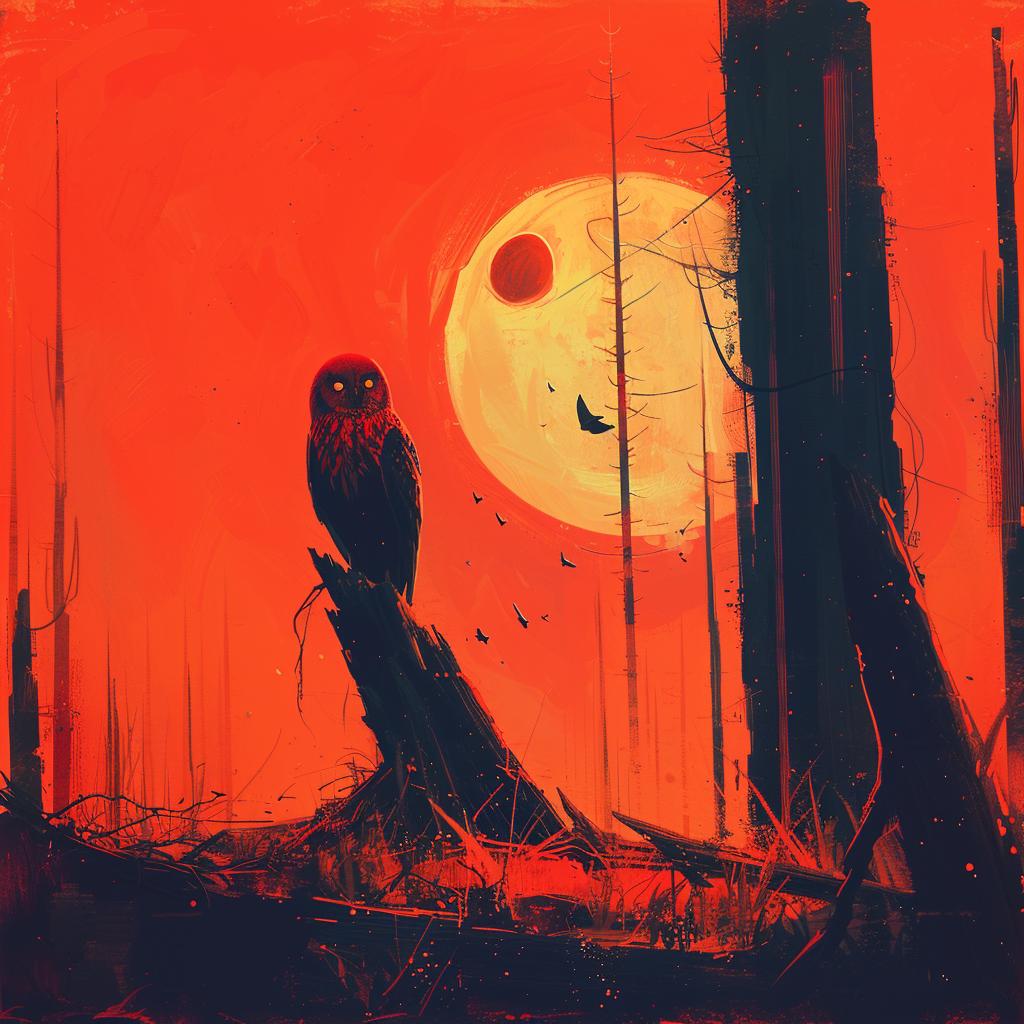 owl  red  black  cream  moonlight  sunset  stump  minimal  artnouveau  bold 941418