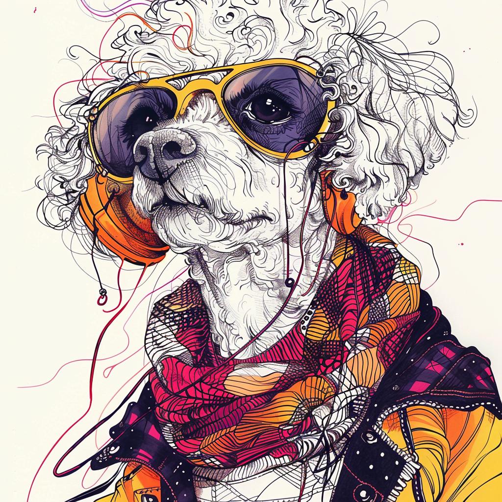 poodle  dog  headphones  scarf  drawing  cool  cute  pet  black-and-white  stylized 953387