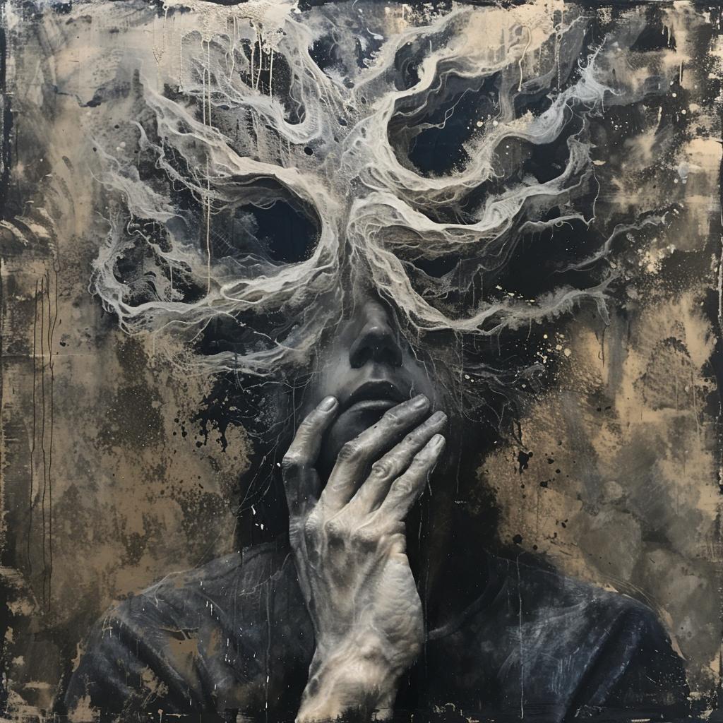 surreal  album  cover  hyper-realistic  screenprinting  Agostino  Arrivabene  encaustic  branches  man 959988