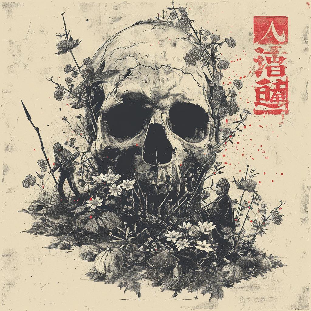 skull  flowers  samurai  art  villagers  intertwined  spears  Japanese  lettering  tradition 1036287