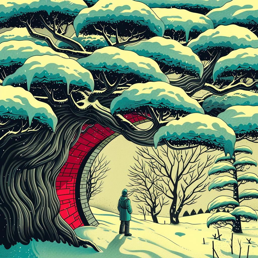 winter  forest  animated  vibrant  folk  illustration  sinuous  colorful  trees  scenery 945142