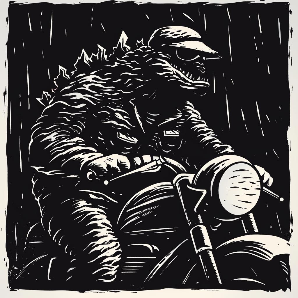 Godzilla  motorcycle  anthropomorphic  helmet  rain  stylized  vintage  simple  art  illustration 1026020