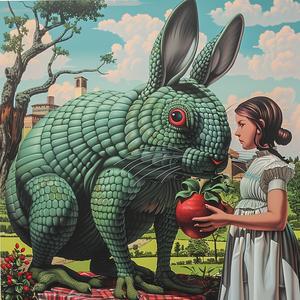 chromolithography  simple  minimal  girl  apple  rabbit  Sendak  illustration  art  childlike 1037313