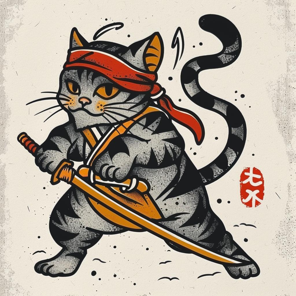 tattoo  cat  ninja  anthropomorphic  bold  garden  samurai  fullbody  detailed  design 928020