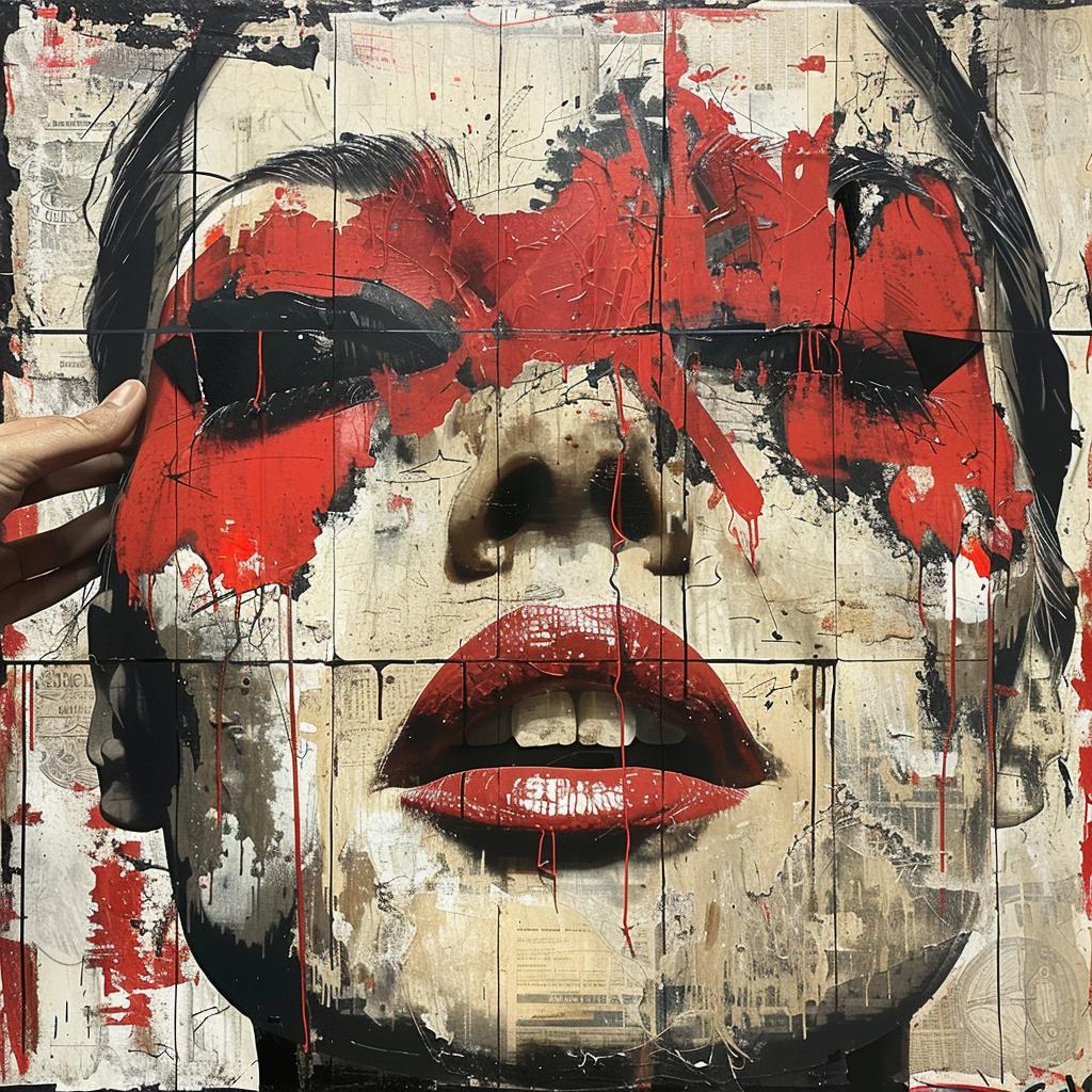 surreal  album  cover  screenprinting  hyper-realistic  encaustic  woman  red  eyes  splatters 949757