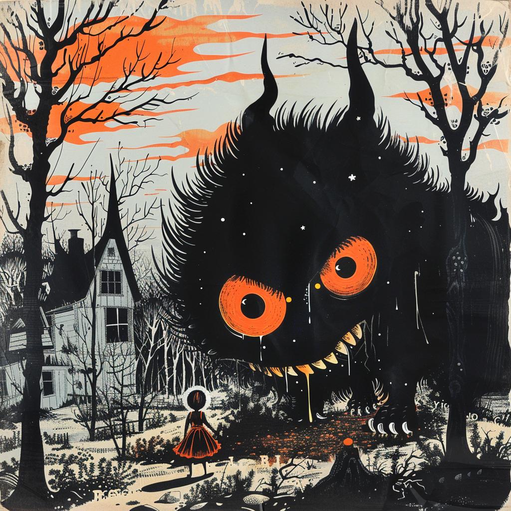 art  Isabelle  Arsenault  monster  orange  eyes  girl  standing  front  dark 926713