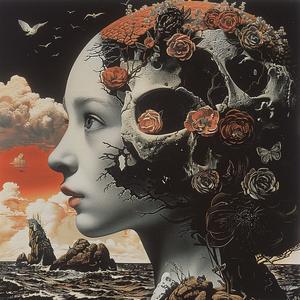 chromolithography  woman  flowers  skull  hair  symbolic  portrait  detailed  art  nature 1056016