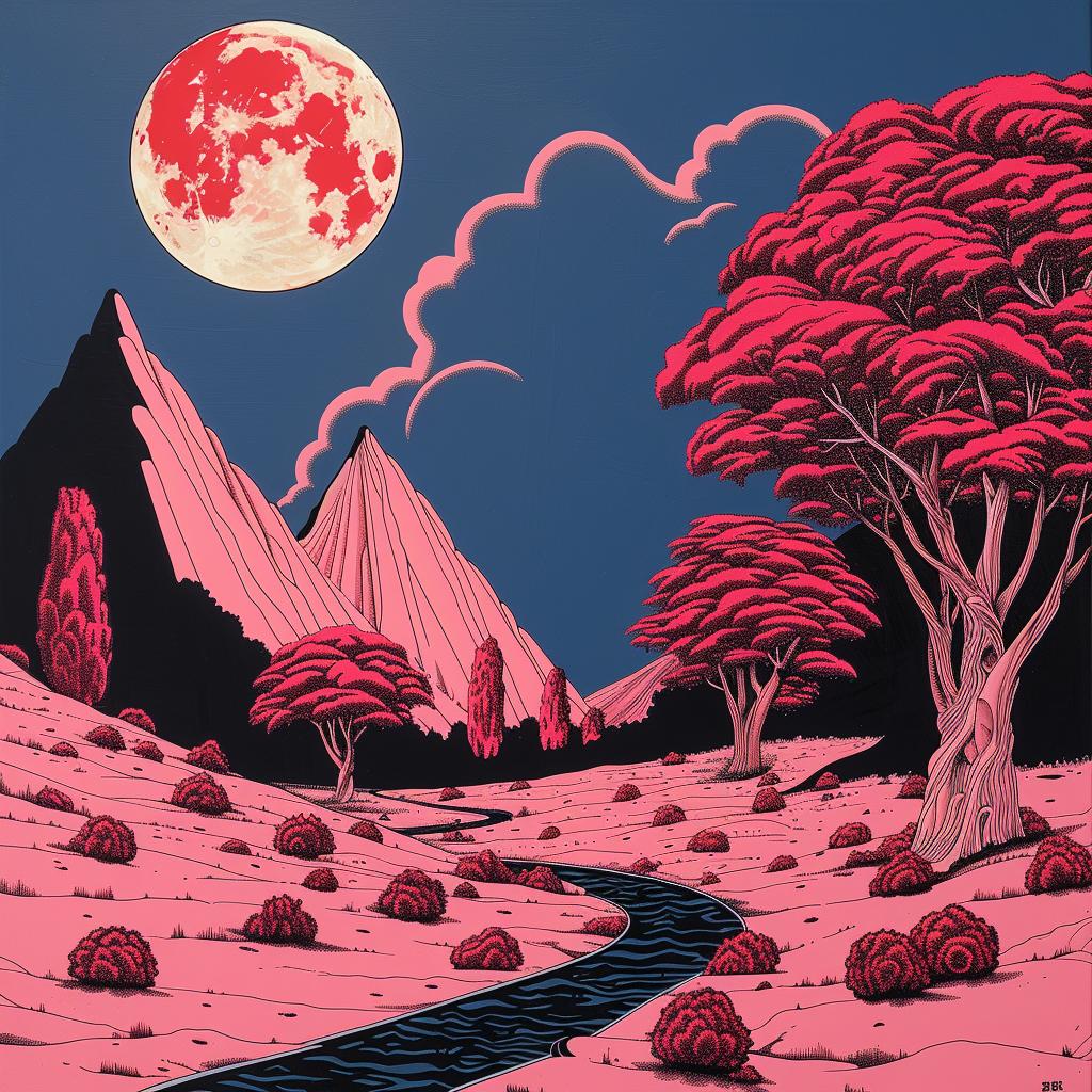 album  cover  synthwave  occult  moon  symbols  dark  landscape  pink  river 1025046