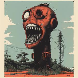 giant  monster  head  surreal  album  cover  Risograph  screenprinting  hyper-realistic  Symbolist 1079802