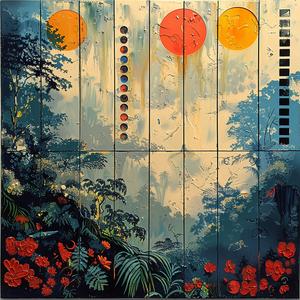 garden  encaustic  paint  sun  trees  palette  knife  impasto  colorful  nature 1066212