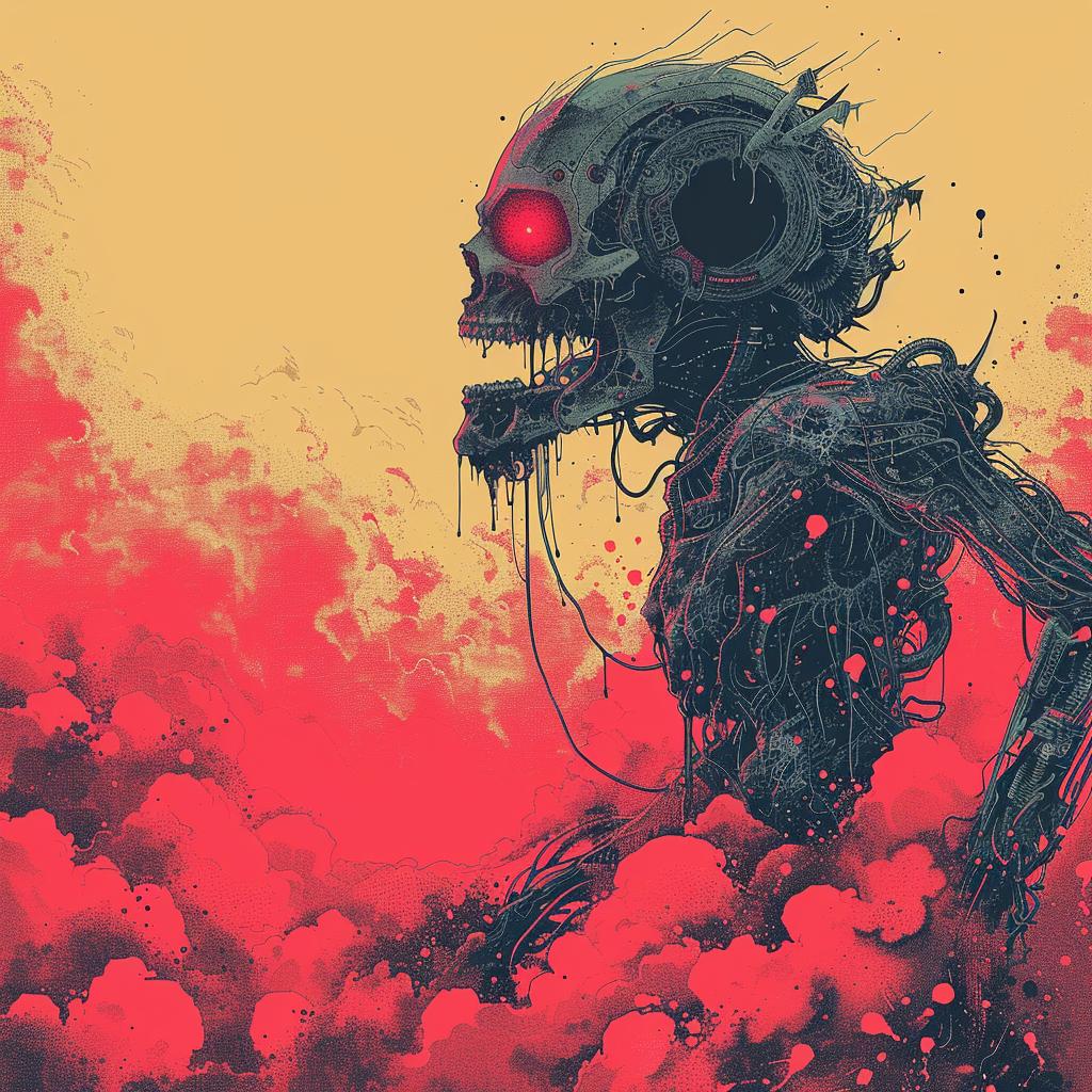 surreal  album  cover  robot  skull  red  hyper-realistic  screenprinting  minimal  Saul 960922