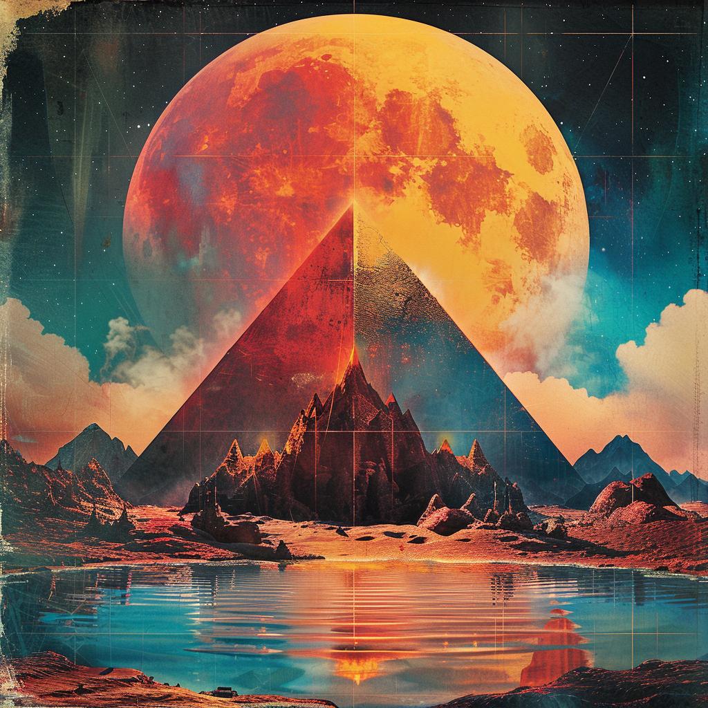 album  cover  1980s  synthwave  trippy  geometric  moon  mountain  lake  electro 960803