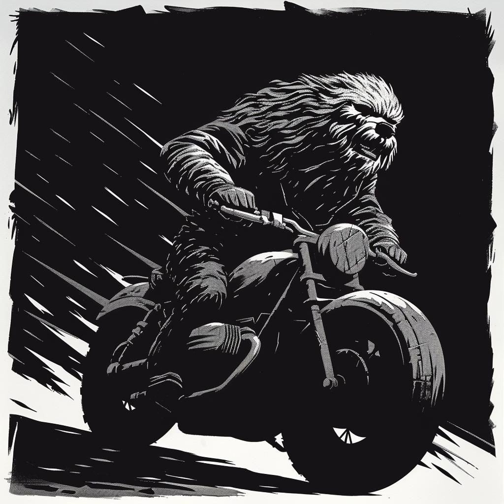 مشهد حركة لشخصية خيالية من فيلم Wolfmonster Motorcycle Chubacca Rain 1025014