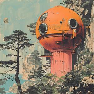 surreal  album  cover  Mitsumasa  Anno  orange  house  ball  symbolist  dreamlike 1079593