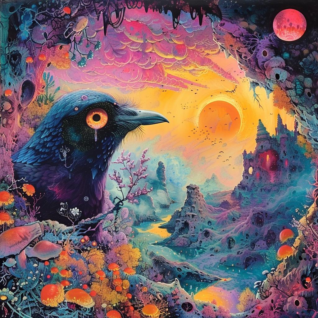 surreal  album  cover  naturalistic  spiritual  terror  colorful  painting  bird  cave 976124