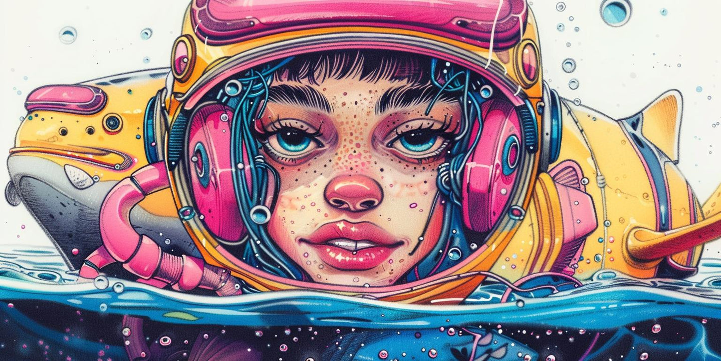 shark  underwater  ocean  painting  woman  astronaut  helmet  imaginative  marine  colorful 940509
