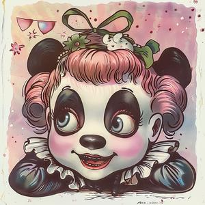 panda  bear  cartoon  pink  hair  bow  funny  cute  illustration  whimsical 1048464