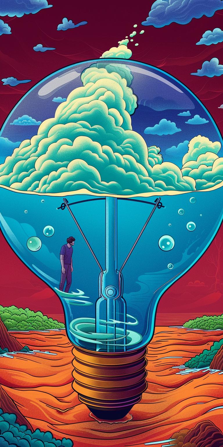 lightbulb  liquid  man  clouds  surreal  conceptual  illustration  artistic  dreamlike  poster 940654