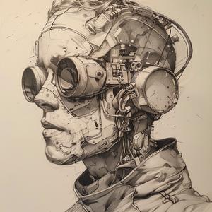 رسم لشخصية سايبربانك، نقش على صفائح نحاسية، رجل يرتدي نظارات واقية وخوذة، بتصميم مستقبلي 1074140