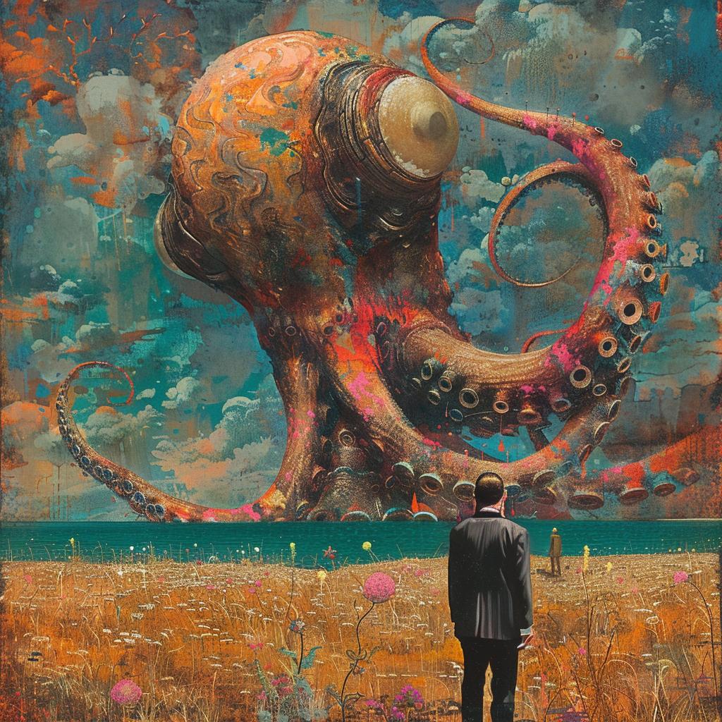 surreal  album  cover  octopus  suit  man  introspective  occult  naturalistic  visual 973989