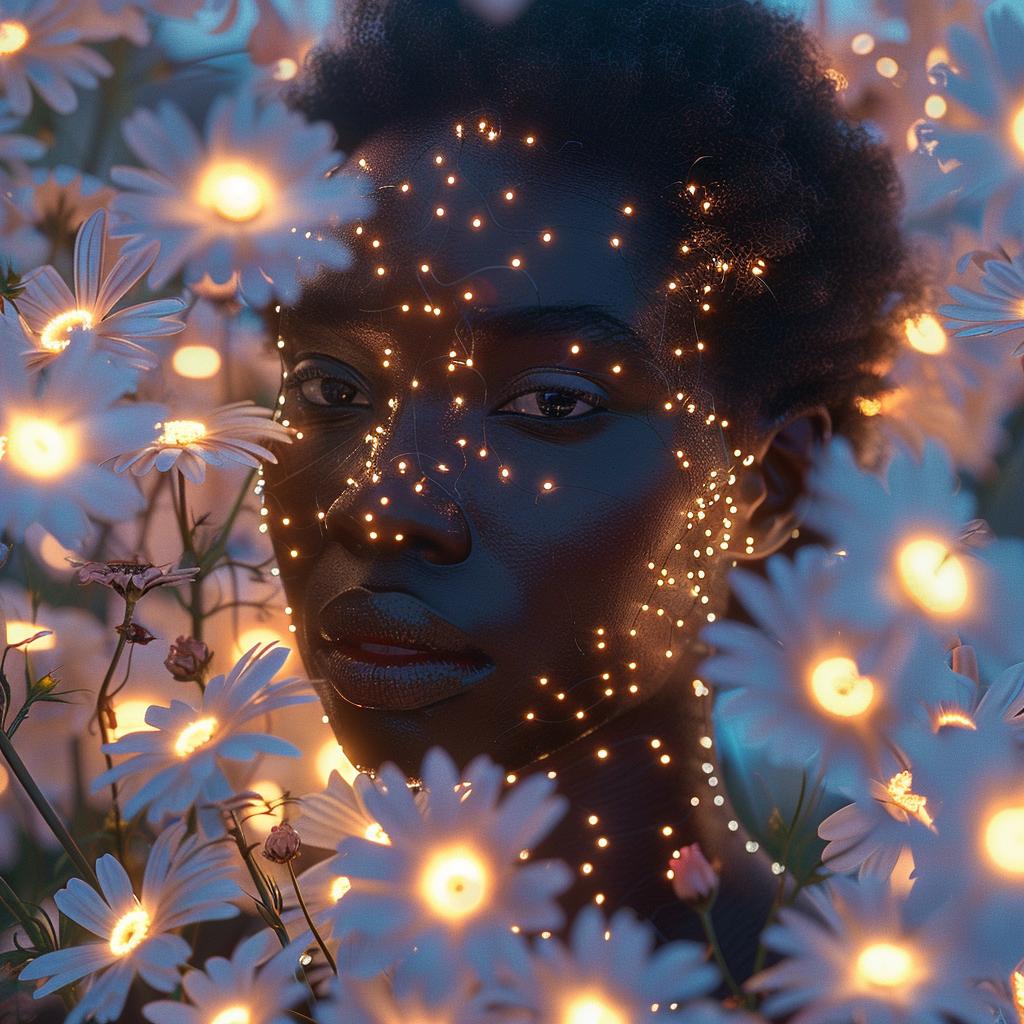 creative  surreal  album  cover  neon  lights  daisies  woman  flowerpunk  Demna 974599