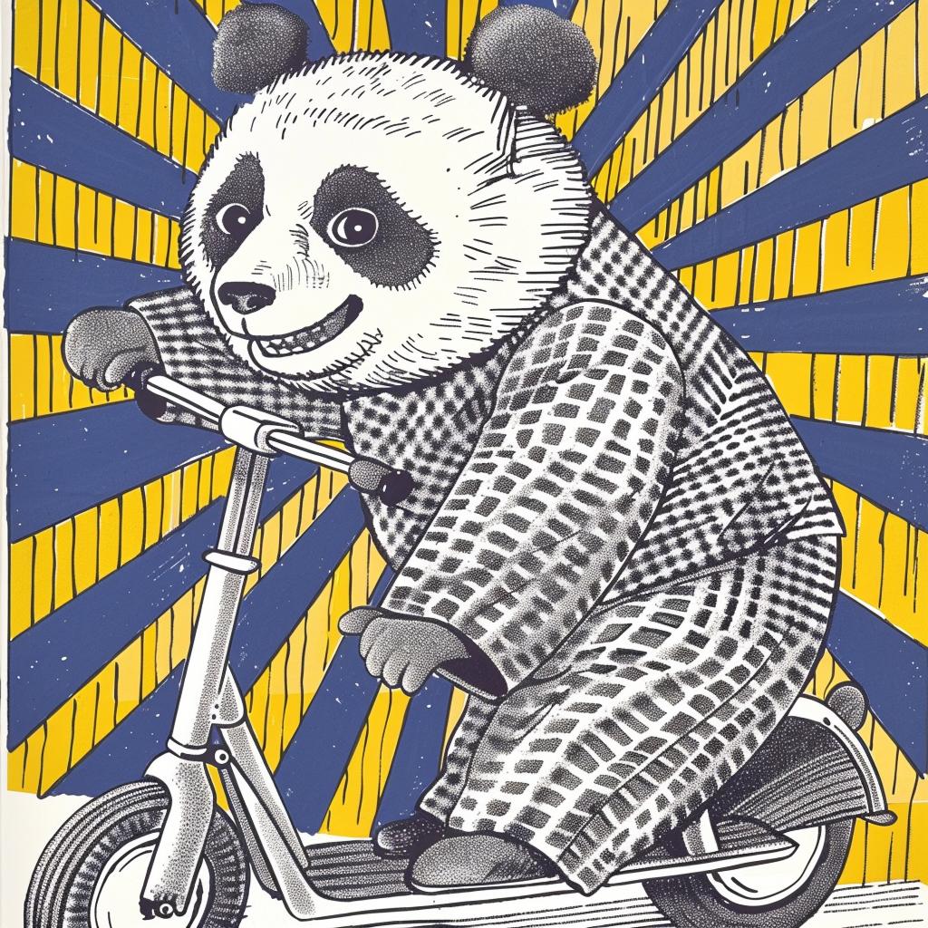 panda  scooter  happy  minimal  blue  yellow  simple  sunburst  playful  cute 955422
