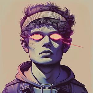 رسم توضيحي رقمي لشاب ذو عيون وردية من ألبوم Risograph Symbolist فائق الواقعية رقم 1077495