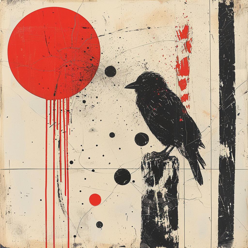 crows  fence  red  crosshatching  abstract  Mid-Century  lines  painting  colors  stylistic 964887