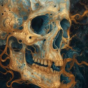 فن الآرت نوفو السريالية التنقيطية الجمجمة خلفية ذهبية زرقاء deathmetal داكن 1077013
