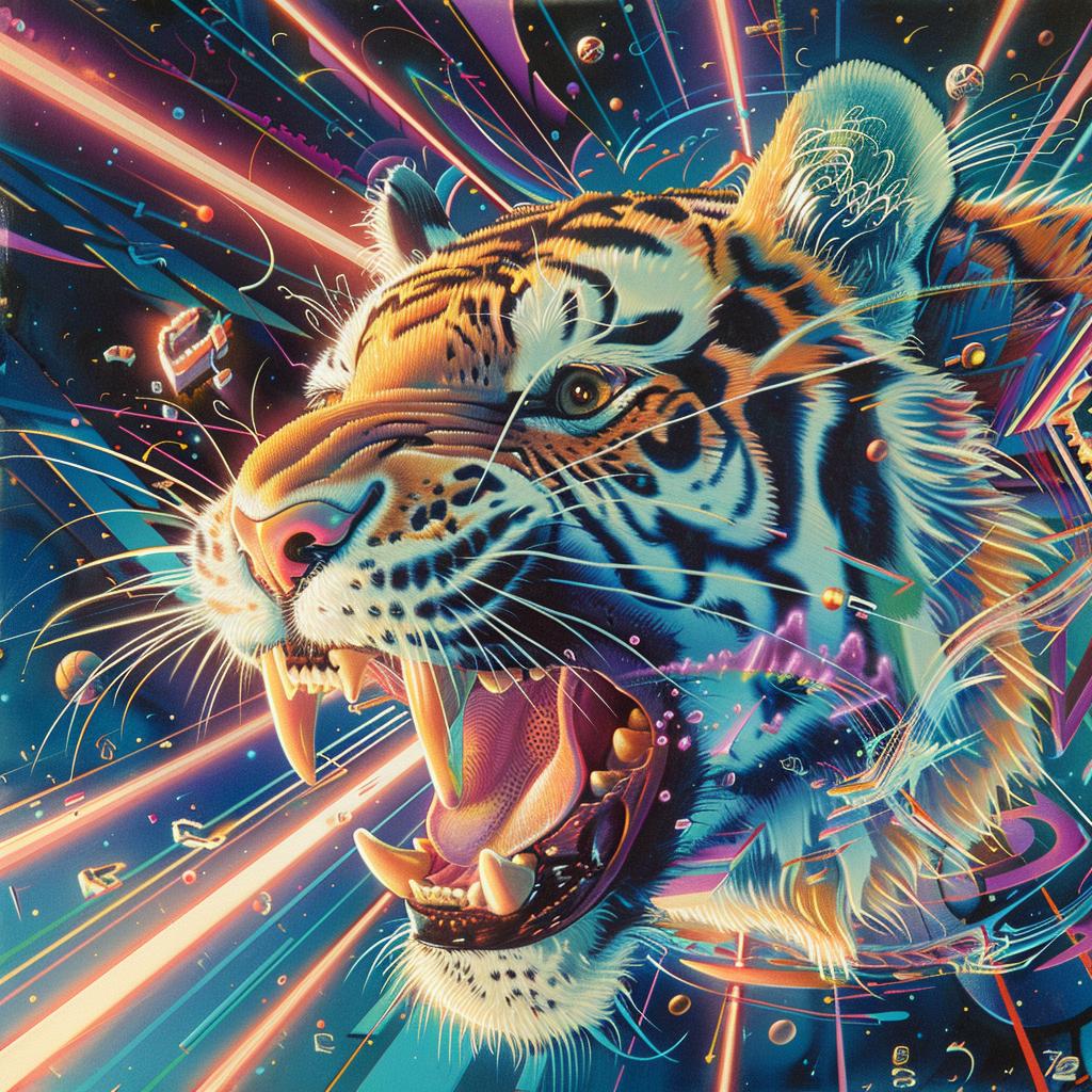 tiger  painting  bright  colors  trippy  Nychos  80s  art  synthwave  geometric 960734