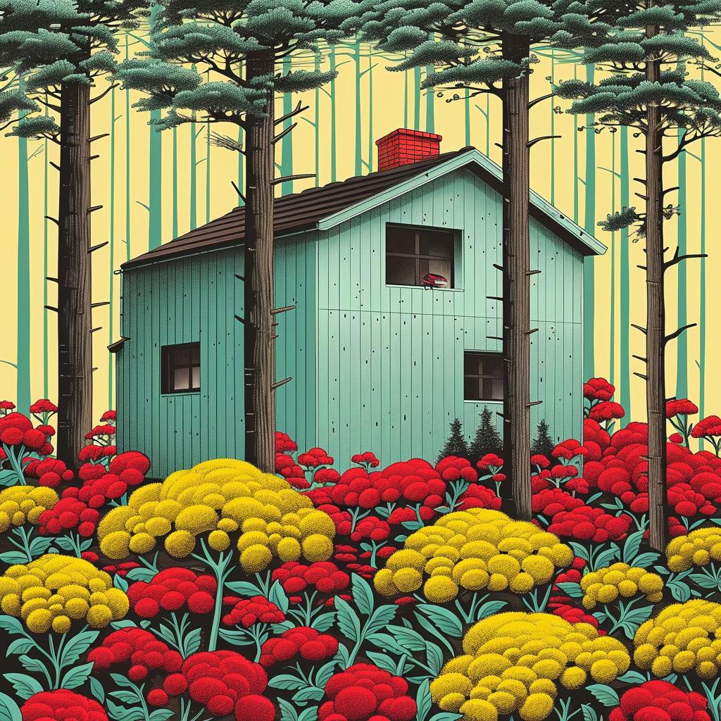 cabin  woods  painting  flowers  nature  vibrant  illustration  colorful  rustic  scenic 944859