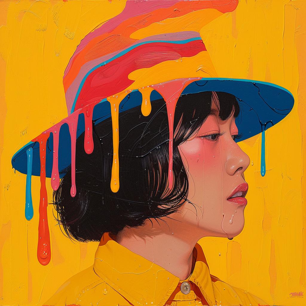 surreal  albumcover  woman  hat  drip  painting  vibrant  creative  conceptual  whimsical 938340