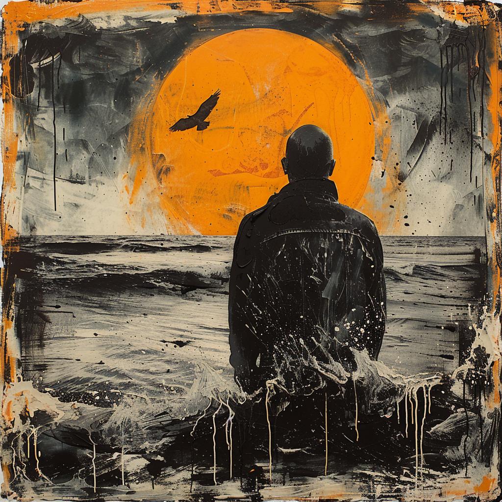 surreal  man  rock  ocean  orange  sun  encaustic  screenprinting  Amor  hyper-realistic 959966