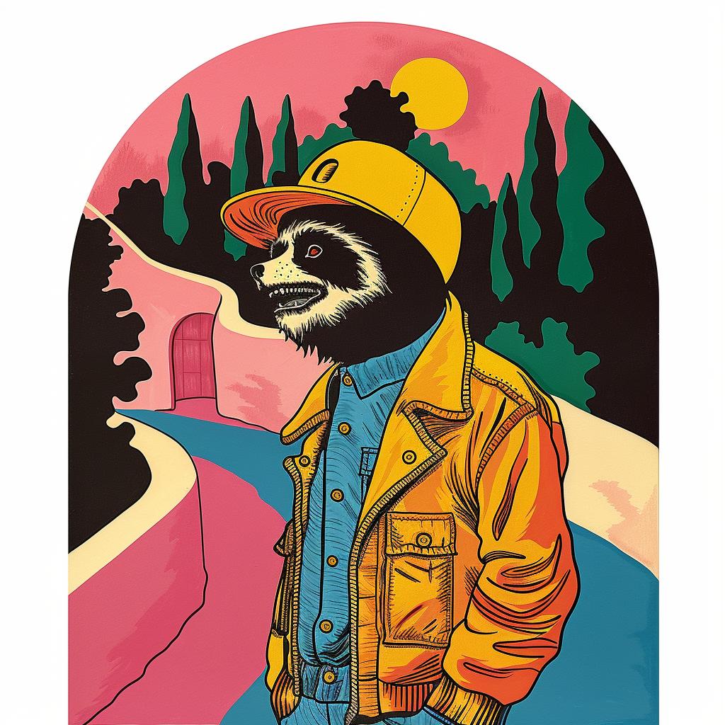 raccoon  cartoon  hat  jacket  illustration  whimsical  colorful  surreal  creativity  playful 1018584