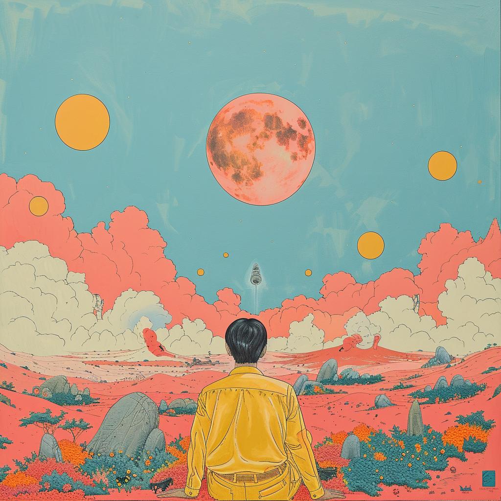 man  yellow  jacket  moon  sitting  surreal  dreamlike  art  album  cover 1017481