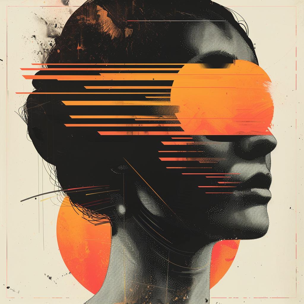 surreal  album  cover  hyper-realistic  screenprinting  woman  stripes  orange  black  face 961604
