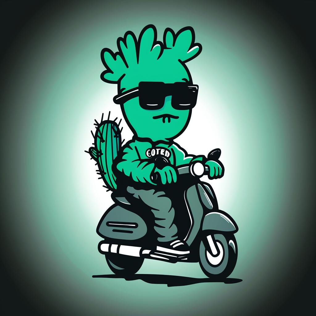 cactus  man  moped  cartoon  logo  whimsical  vehicle  funny  character  playful 1021483