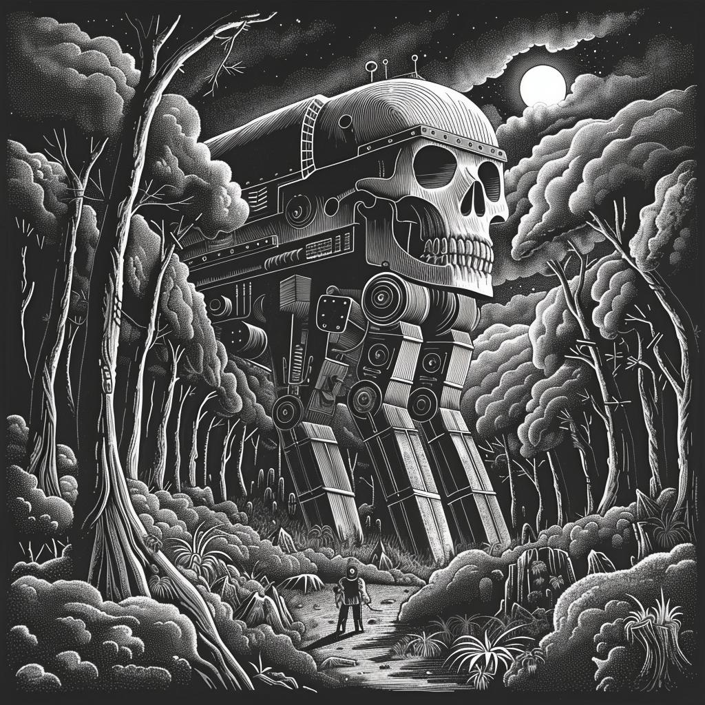 album  cover  woodcut  machine  forest  black-and-white  linework  skull  robot  macabre 923993