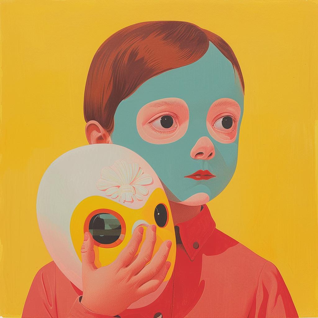 surreal  child  mask  whimsical  album  cover  creative  Cornella  playful  artistic 1017823