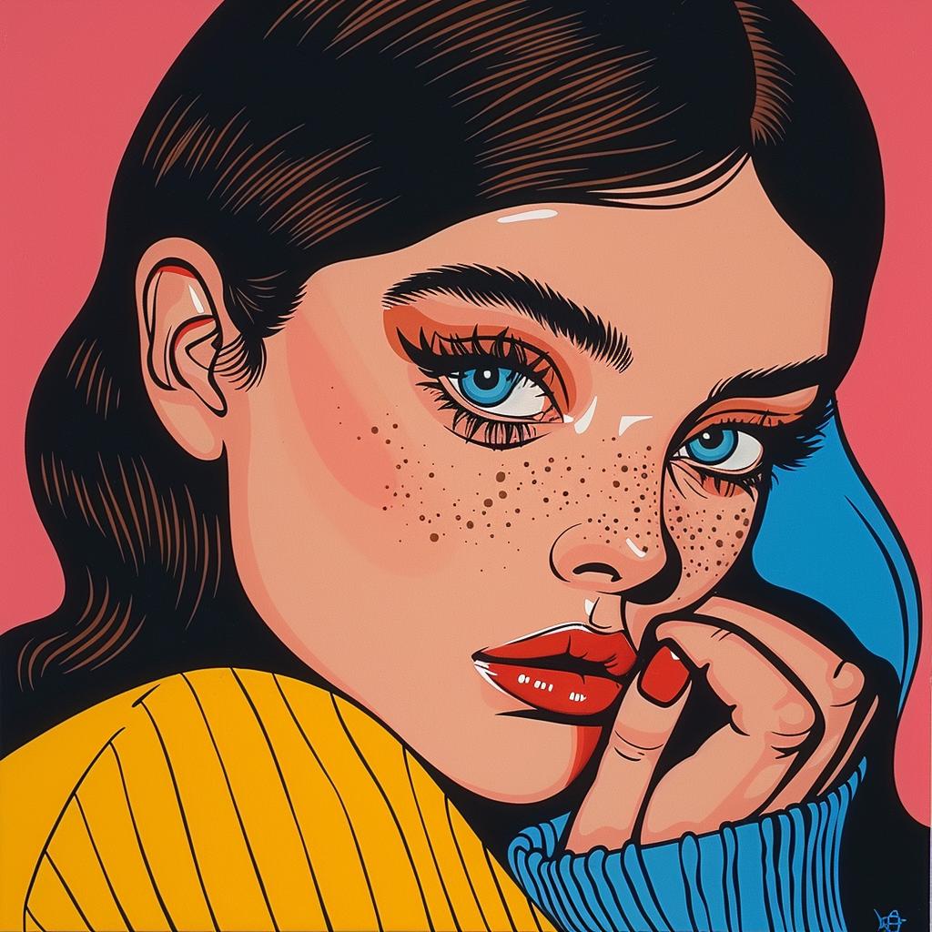 لوحة امرأة ذات عيون زرقاء ونمش، بورتريه معاصر منمق، ملون، أنثوي، إبداعي، 972657