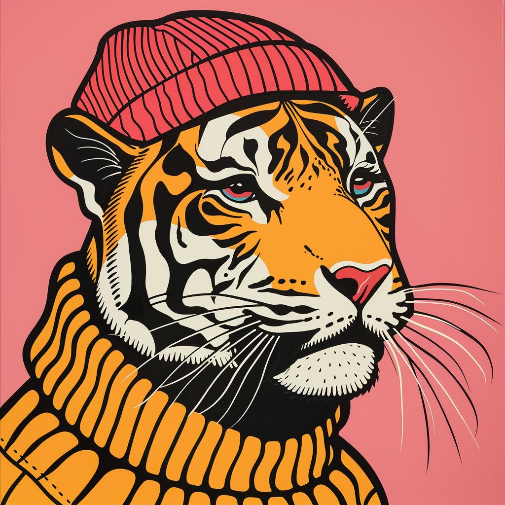 tiger  sweater  hat  animal  wearing  playful  fashion  stylized  quirky  illustration 1023593
