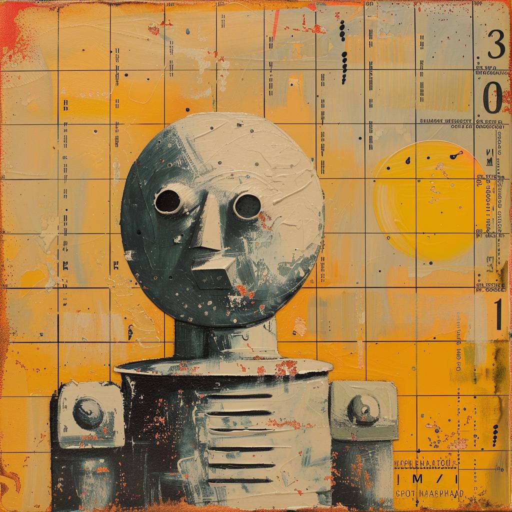 encaustic  paint  robot  sad  yellow  background  impasto  artwork  emotion  character 1016049